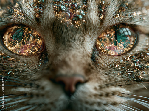 A close‑up shot of a grey‑furred cat whose eyes blaze with swirling fiery, cosmic‑like flames, creating a mystical, intense, other‑worldly gaze.