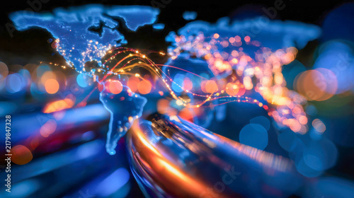 Glowing oil pipeline pouring liquid beside a digital world map, symbolizing global energy trade, petroleum supply, logistics, economy and international distribution