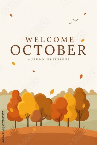 Welcome october autumn greetings with falling leaves