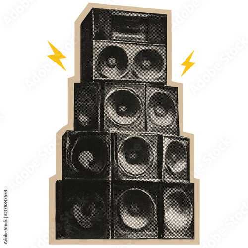 Dub reggae sound system speaker stack illustration in halftone style on a transparent background