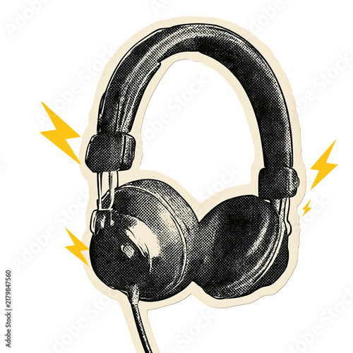 Over-ear headphones illustration with a coiled cable on a transparent background