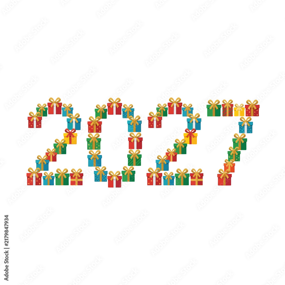 Obraz premium Number 2027 built entirely from colorful wrapped gift boxes with golden bows for celebration.