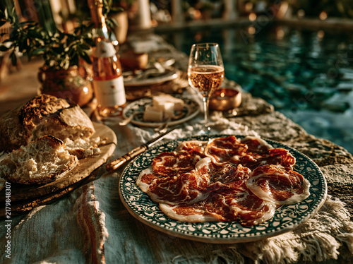 A romantic outdoor charcuterie spread by shimmering water, featuring cured meat, fresh bread, rose wine and glowing warm bokeh lights.