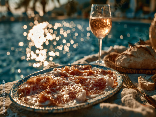 A romantic outdoor charcuterie spread by shimmering water, featuring cured meat, fresh bread, rose wine and glowing warm bokeh lights.
