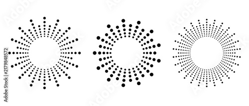 Radial sunburst with halftone dots creating dynamic rays. Circular pattern with concentric lines.