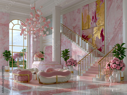 Grand luxurious hotel lobby with pink marble, curved staircase, bubble chandelier, plush seating and abundant fresh pink floral decor.