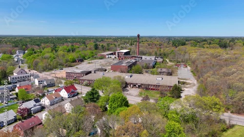 Whittenton Mills Complex building aerial view on Mill River in city of Taunton, Bristol County, Massachusetts MA, USA. 