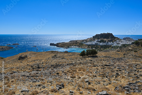 Mediterranean coastal village and hilltop fortress panorama -  Lindos, Rhodes Island, Greece