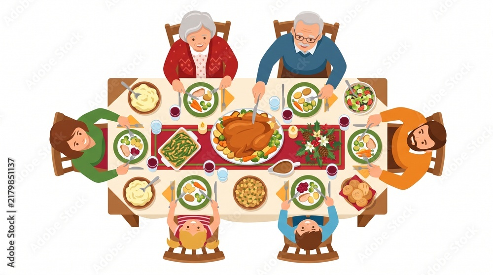 Fototapeta premium Family Gathering Feast: A multi-generational family shares a warm and joyous Thanksgiving dinner around a laden table, creating cherished memories amidst a bounty of food and laughter.