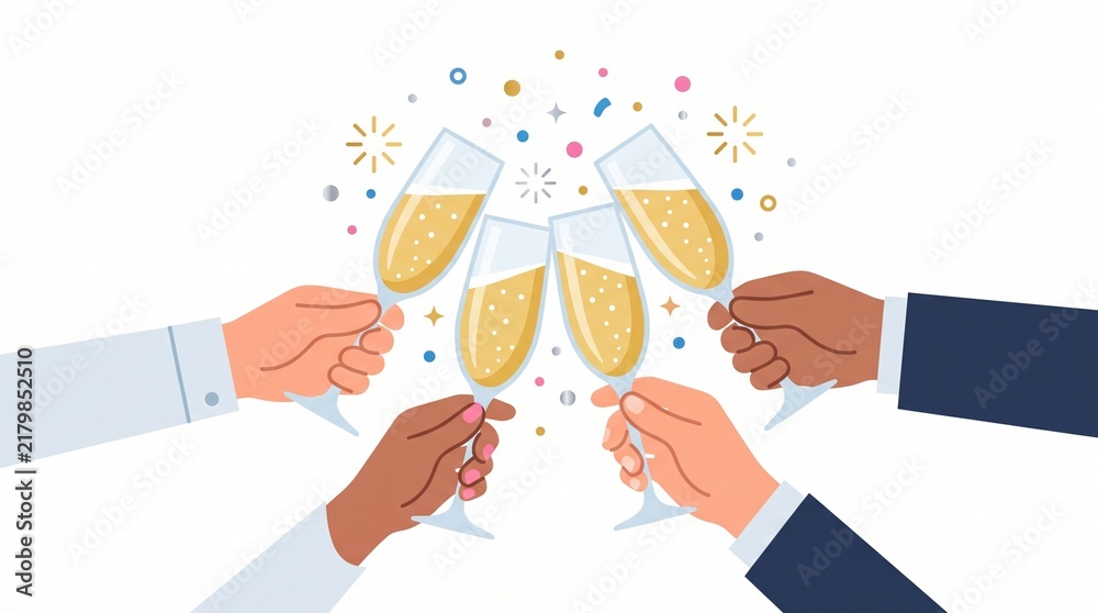 Obraz premium Champagne Celebration: Hands clink champagne glasses in a toast, celebrating a momentous occasion with confetti and festive sparkles in the air.