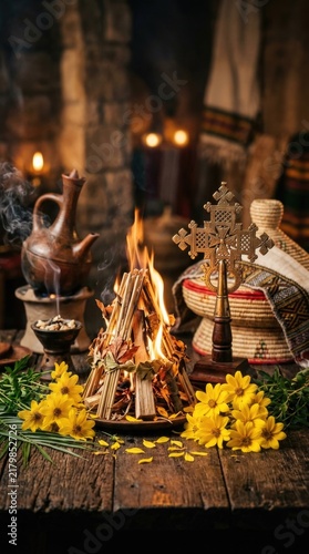 Meskel holy festival bonfire, orthodox brass cross on wooden table, yellow ade abeba flower petals, clay jebena coffee pot emitting smoke, demera celebration ritual setting.