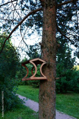 Фотография Empty wooden bird feeder beside a park path