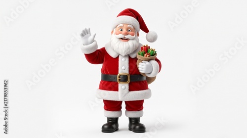 Cheerful Santa Claus waving hello and holding a sack full of gifts on a white background