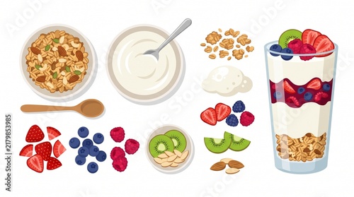 Yogurt Parfait Ingredients: A visually appealing flat lay showcases the vibrant components of a healthy yogurt parfait, including fresh berries, granola, kiwi, and nuts.