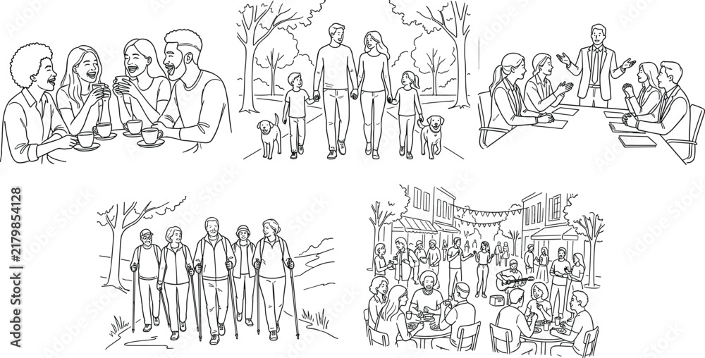 Fototapeta premium Social activity scenes set coffee friends park family walk business presentation hiking seniors street festival line art vector.
