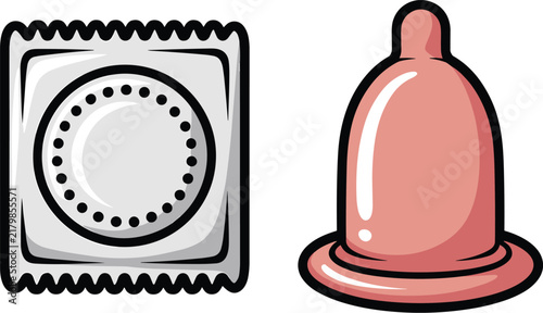 Icon of a condom packet and a single condom on a white background
