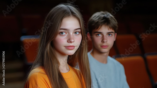 Two young people sitting in a theater during a performance in the evening