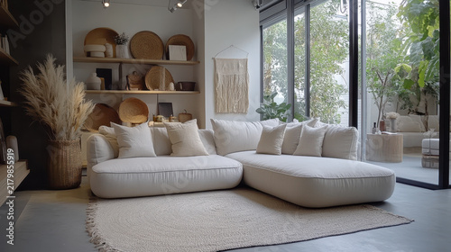 Modern living room with large sofa and natural decor in a bright setting