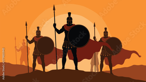 Spartan Warriors Silhouetted Against an Orange Sunset