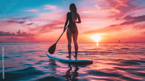 Paddling on a stand-up board during sunset at the beach