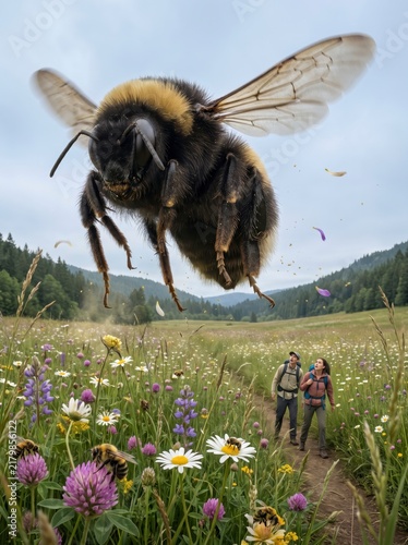 A giant bee hovers over a wildflower meadow where two hikers walk a trail amid rolling green hills under a cloudy sky.
