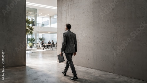 A businessman in a suit walks through a modern office hallway toward a bright, open meeting area with people working and plants.