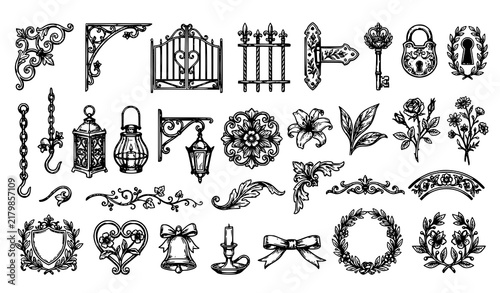 Vintage Forged Iron Floral Wedding Ornament and Rustic Decorative Elements