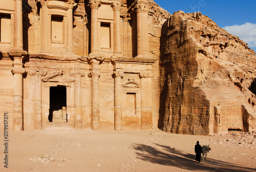 Ancient nabataean architecture of the monastery building carved into rock in petra, jordan. Famous ancient travel destination