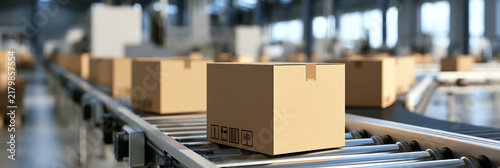 A close-up view of cardboard boxes on a conveyor belt in a modern warehouse, showcasing the packaging and shipping process in action.