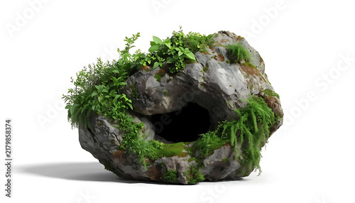 Mossy stone cave opening with green foliage isolated on white background image.