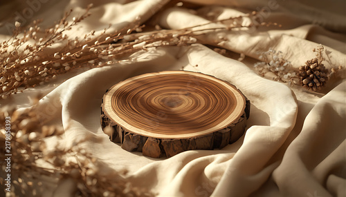 Natural wood slice pedestal on beige linen fabric for organic product marketing.