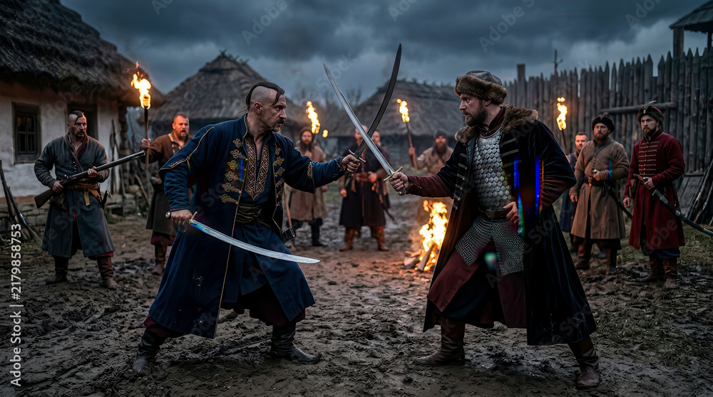 Obraz premium Two historical warriors in traditional clothing dueling with swords in a village at night