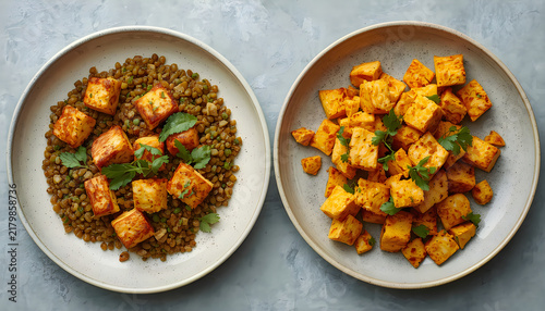 Roasted tofu cubes with lentils and fresh parsley on ceramic plates for dining.