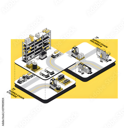 Smart warehouse logistics with autonomous robots for storage and delivery.