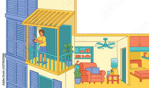 Modern Apartment Balcony and Cozy Home Interior Flat Vector Illustration