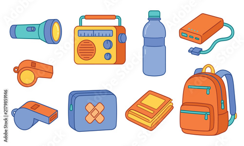 PrintEmergency Preparedness Supplies and Survival Essentials Flat Vector Icon Set