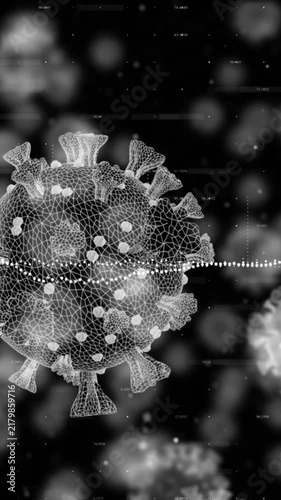 Animation of data processing over coronavirus cells floating