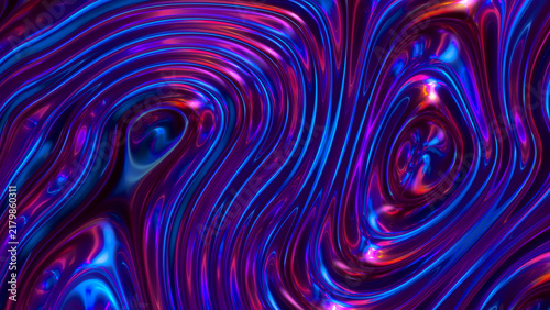 Abstract glossy liquid surface with swirling iridescent blue and magenta ridges and dotted highlights, with abstract, glossy, liquid, surface detail, showing swirling, iridescent, blue, magenta