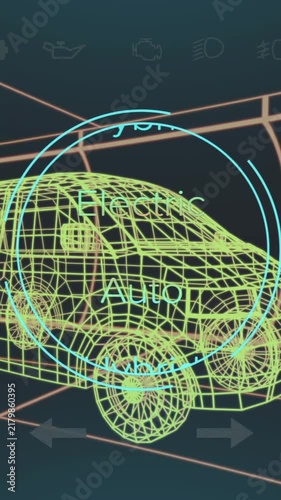 Animation of digital car interface and data processing over 3d model of car