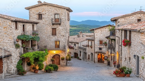 Charming stone village street at dusk, showcasing traditional architecture and inviting atmosphere