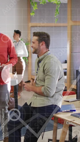 Animation of icons, graphs, map and computer language over diverse coworkers talking on tea break