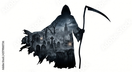 Cinematic double exposure of a grim reaper silhouette and misty graveyard