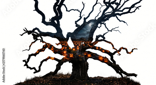 Cinematic double exposure of a twisted oak tree silhouette and glowing jack-o-lantern field