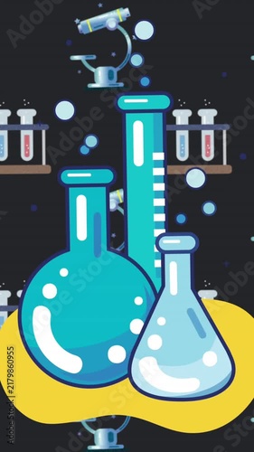Animation of chemistry and telescope school icons on black background