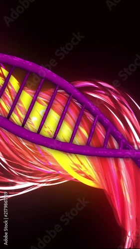 DNA strand with vibrant colors and glowing effects, scientific animation