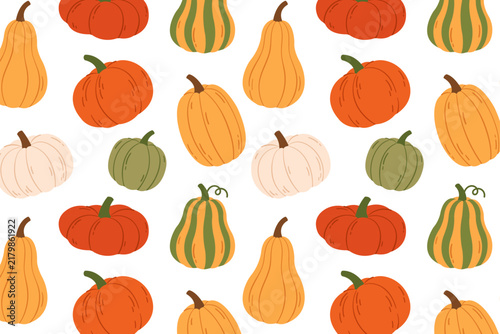 Seamless vector pattern featuring cute autumn pumpkins and gourds in orange, white, and green on a white background