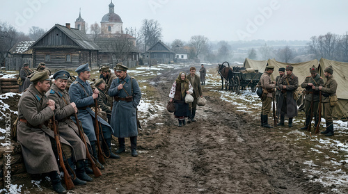 Historical reenactment of soldiers in military uniforms stationed in a rural village during winter