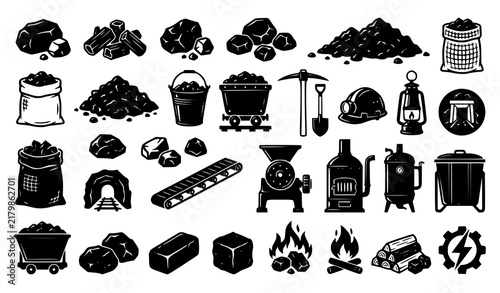 Coal Charcoal Carbon Fuel Stone and Mining Objects Vector Collection