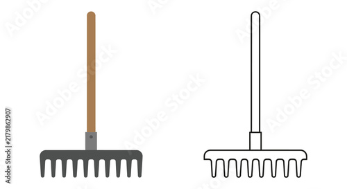 Foto Garden rake depicted in color and outline styles against a white background