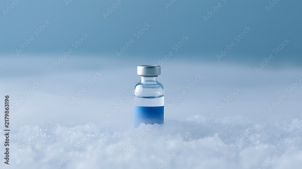 Obraz premium A single medical vaccine vial surrounded by thick cold fog and ice mist on a clean laboratory surface representing modern healthcare research